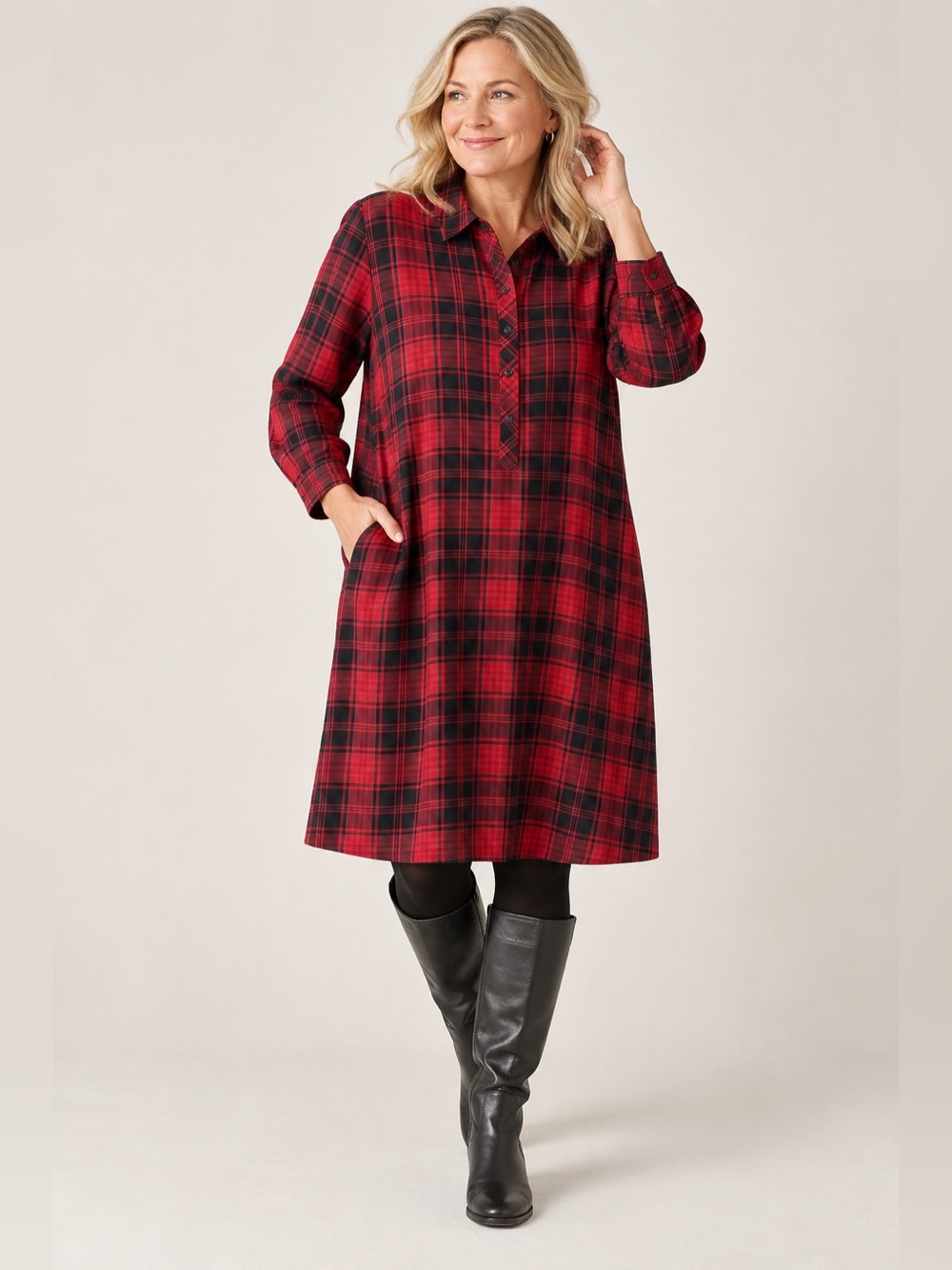 J Jill Plaid Popover Shirt Dress Red Black XL Fall Holidays